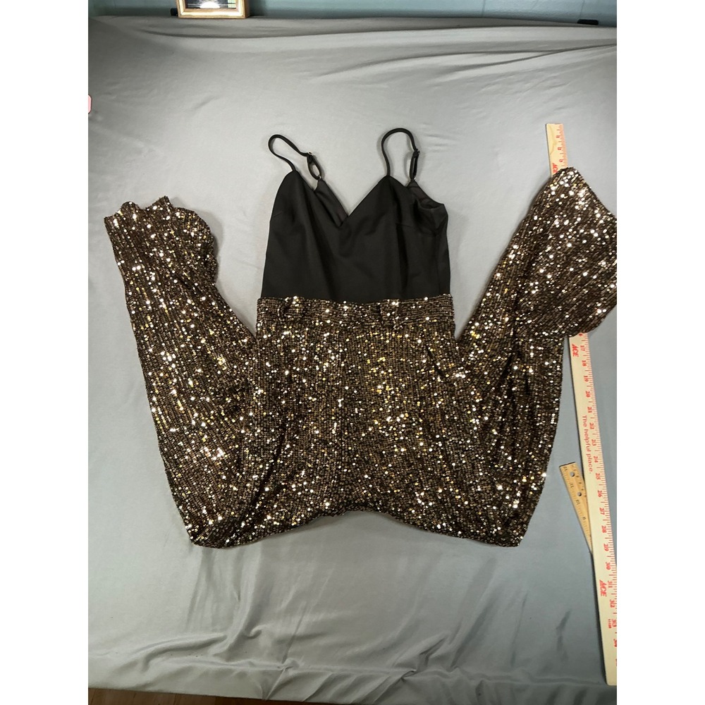 Fashion Nova Womens Black Gold Sequin Wide Leg Jumpsuit S V-Neck Cami Straps